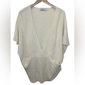 Free People Beach Jaclyn Tunic Sweater Cream Knit V-Neck Medium Linen Blend